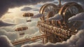 AI Generated Futuristic aerial scene featuring a massive industrial structure labeled \