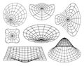 Futuristic aesthetic Y2K set. Abstract 3D wireframe shapes, perspective grids. Back line figures