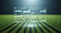A futuristic agricultural technology concept showing a large digital screen displaying data analytics graphs and charts in a green Royalty Free Stock Photo