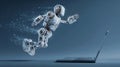 Futuristic AI agent bot flying out of a digital laptop. Robot assistant concept in tech wireframe style, perfect for artificial Royalty Free Stock Photo