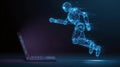 Futuristic AI agent bot flying out of a digital laptop. Robot assistant concept in tech wireframe style, perfect for artificial Royalty Free Stock Photo