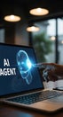 Futuristic ai agent concept shown on laptop screen with hand interacting in a modern environment Royalty Free Stock Photo