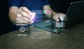 Artificial intelligence assistant helping user generate reports on laptop. Futuristic AI agent interface, digital analytics, Royalty Free Stock Photo