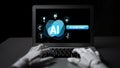 Futuristic AI Assistant Concept on Laptop Display with Robotic Hands Typing and Modern User Interface Elements in Dark Royalty Free Stock Photo