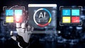 Futuristic AI Assistant Interface on Touchscreen with Robotic Hand Interaction in a Digital Environment for Technology Royalty Free Stock Photo