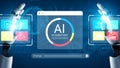 Futuristic AI Assistant with Robotic Hands Interacting with Digital Interface and Data Representations on a Blue Royalty Free Stock Photo