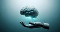 Futuristic AI Brain Concept Floating Over Robotic Hand for Technology and Science Professionals Royalty Free Stock Photo