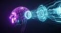 Futuristic AI Brain Interface with Digital Data Streams in Neon Lights Royalty Free Stock Photo