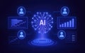Futuristic AI brain network with data charts and user icons on dark blue background artificial intelligence Royalty Free Stock Photo