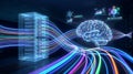 Futuristic AI Brain Processes Big Data Flow from Server Rack in Digital Network Royalty Free Stock Photo