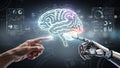 Futuristic AI Brain Visualization with Human and Robot Interaction Symbolizing Machine Learning and Digital Intelligence Royalty Free Stock Photo