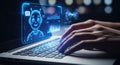 Futuristic ai chatbot interaction on laptop screen with human hands typing on keyboard Royalty Free Stock Photo