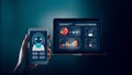 Futuristic AI Chatbot Interface on Smartphone Displaying Data Analytics on Laptop Screen Royalty Free Stock Photo