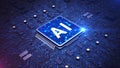 Futuristic AI chip with a brain-shaped circuit design glowing on a high-tech blue circuit board, Artificial intelligence, and