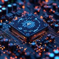 Futuristic AI Chip CloseUp HighTech Circuit Board with Glowing Neural Networks and Advanced Processing Power