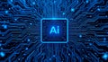Futuristic AI chip with glowing circuit board, artificial intelligence, machine learning. advanced computing technology. blue Royalty Free Stock Photo