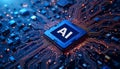 Futuristic AI chip with glowing circuit board, artificial intelligence, machine learning. advanced computing technology. blue Royalty Free Stock Photo