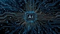 Futuristic AI chip with glowing circuit board, artificial intelligence, machine learning. advanced computing technology. blue Royalty Free Stock Photo