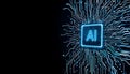 Futuristic AI chip with glowing circuit board, artificial intelligence, machine learning. advanced computing technology. blue Royalty Free Stock Photo