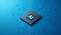 Futuristic AI chip with glowing circuit board, artificial intelligence, machine learning. advanced computing technology. blue Royalty Free Stock Photo