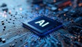 Futuristic AI chip with glowing circuit board, artificial intelligence, machine learning. advanced computing technology. blue Royalty Free Stock Photo