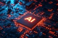 Futuristic ai chip on a glowing circuit board showing advanced technology trends