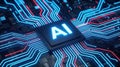 AI Processor on Futuristic Circuit Board with Glowing Data Flow Royalty Free Stock Photo