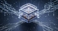Futuristic AI chip glowing in digital network data center Royalty Free Stock Photo