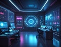 Futuristic AI Command Center with Cybersecurity Monitoring Screens and Advanced Technology Control Room AI Generated Royalty Free Stock Photo