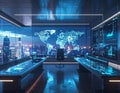 Futuristic AI Command Center with Global Business Analytics Dashboard and Advanced Technology Monitoring Workspace Royalty Free Stock Photo