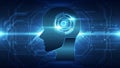 Futuristic AI Concept Background: Human Head Silhouette with Glowing Gear HUD Interface Royalty Free Stock Photo