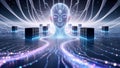 Futuristic ai concept with digital head and servers