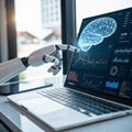 Machine learning AI with binary data and robot Royalty Free Stock Photo