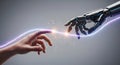 Futuristic AI Connection: Human hand meets robot via electric spark, symbolizing collaboration and technological innovation. Royalty Free Stock Photo