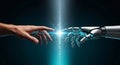 Futuristic AI Connection: Human and Robot Hand Touching, Symbolizing Digital Intelligence and Partnership Royalty Free Stock Photo