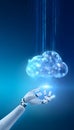 Futuristic AI connects digital cloud storage through robotic hand innovative tech concept Royalty Free Stock Photo