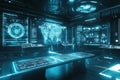 A futuristic AI control center, with massive holographic projections, intricate wireframe models,