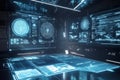 A futuristic AI control center, with massive holographic projections, intricate wireframe models,