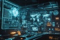 A futuristic AI control center, with massive holographic projections, intricate wireframe models,