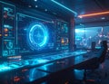 Futuristic AI Control Room with Holographic Dashboard and Advanced Cyberpunk Technology Interface Royalty Free Stock Photo