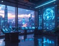 Futuristic AI Control Room with Smart City Data Monitoring Dashboard and Cyber Security Technology Interface Royalty Free Stock Photo