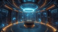 Futuristic AI core chamber interior with glowing energy ring and digital particles, high-tech science fiction background, 3D Royalty Free Stock Photo