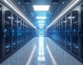 Futuristic AI Data Center Corridor with Cloud Computing Servers Cyber Security Network and Advanced Digital Infrastructure Royalty Free Stock Photo
