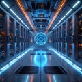Futuristic AI Data Center Server Room Corridor with Advanced Digital Core Interface, Cloud Computing Infrastructure Royalty Free Stock Photo