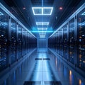 Futuristic AI Data Center Server Room Corridor with Cloud Computing Infrastructure and Cybersecurity Network Technology Background Royalty Free Stock Photo
