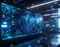 Futuristic AI Data Monitoring Dashboard With Global Network Analytics Interface And Cyber Security Control System Royalty Free Stock Photo