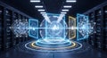 Futuristic ai data sphere with server racks represents artificial intelligence concept Royalty Free Stock Photo