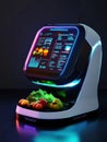 Futuristic AI diet assistant robot scanning fresh organic food in a sleek design with glowing data interface