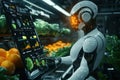 Futuristic AI diet assistant robot scanning fresh organic produce with advanced data interface in a modern food