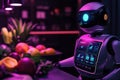 Futuristic AI diet assistant robot scanning organic food with glowing interface in a modern kitchen setting